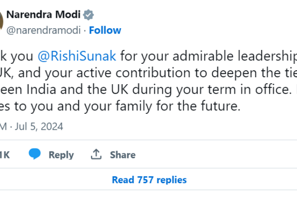 PM Modi Expresses Gratitude to Former UK PM Rishi Sunak for Strengthening India-UK Ties